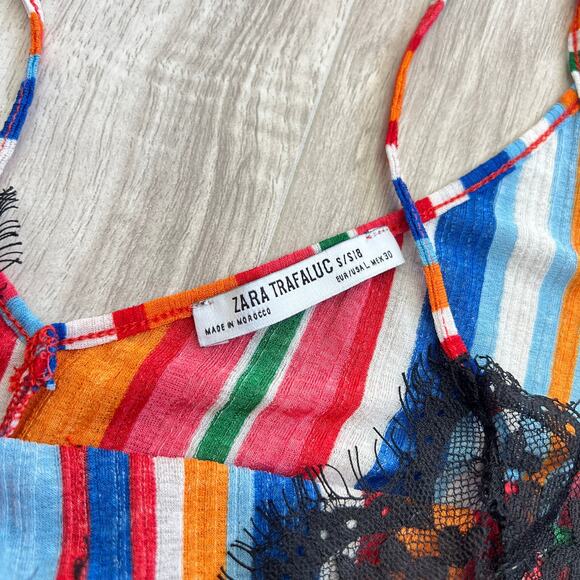 Zara Trafaluc Womens Cami Top Size L Colourful Rainbow Stripe Black Lace Trim - Picture 7 of 8